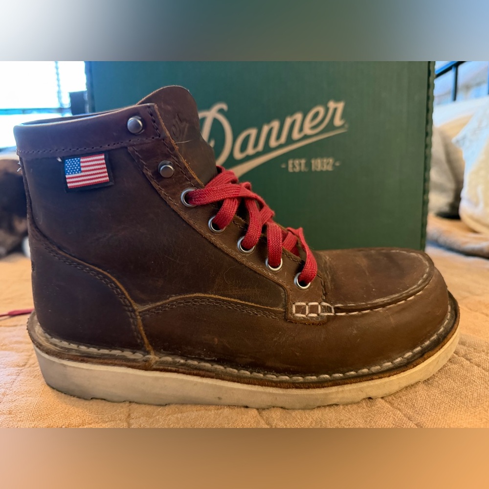 Danner women's Brown Leather Moc Toe Boots with Red Laces - Picture 2 of 4